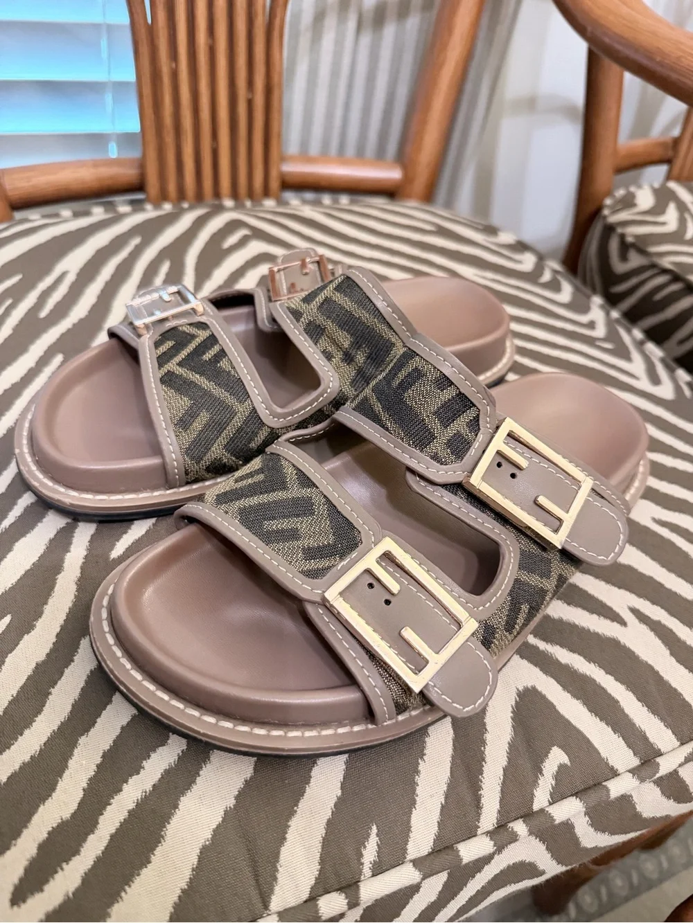 Fendi Taupe Logo Double-Buckle Slide Sandals for Kids